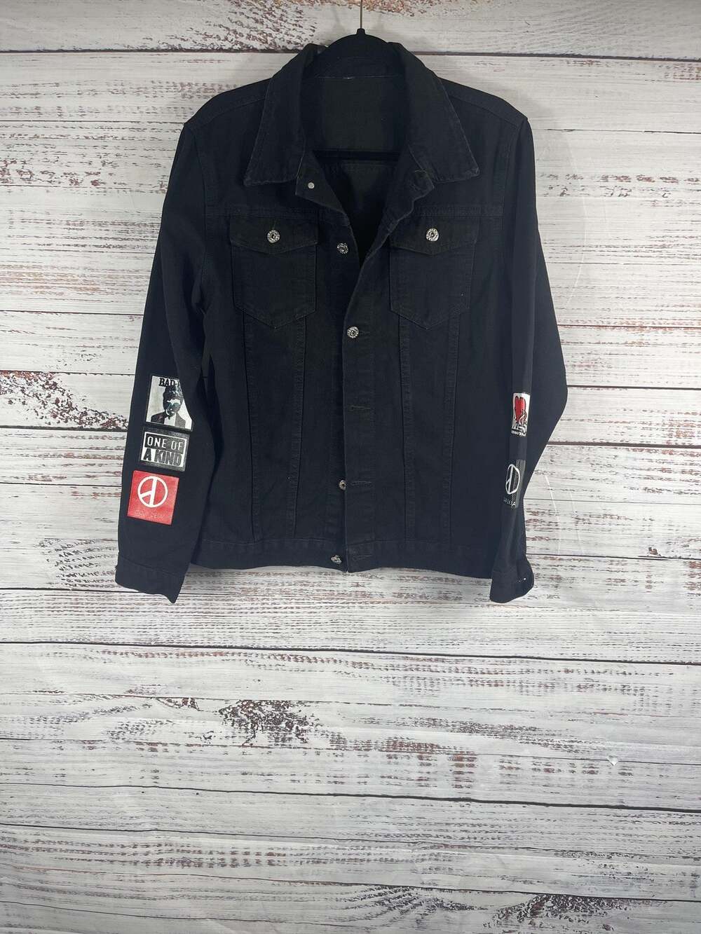 Denim Jacket Women's Size Medium Black Custom Patchwork One of a Kind Number 8